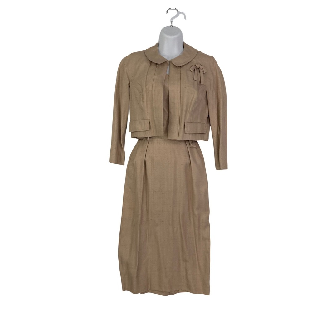 Vintage Abe Schrader Dress Bolero Jacket Set Tan Beige 50s 60s 35 Bust, 24 Waist